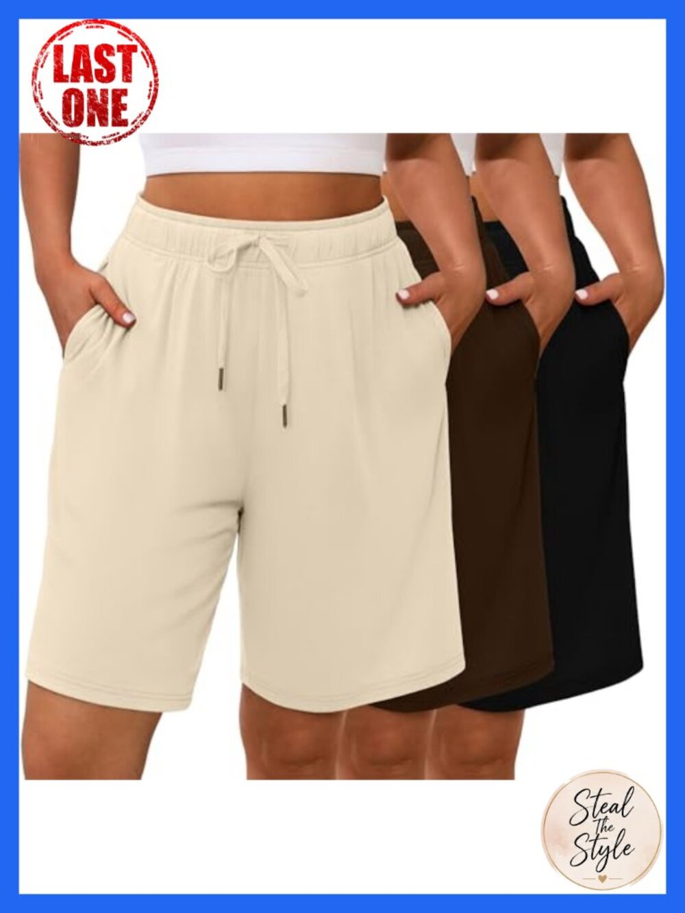 Plus Size Bermuda Shorts 3 Pack Loose Fit Drawstring Cotton Blend Athletic
